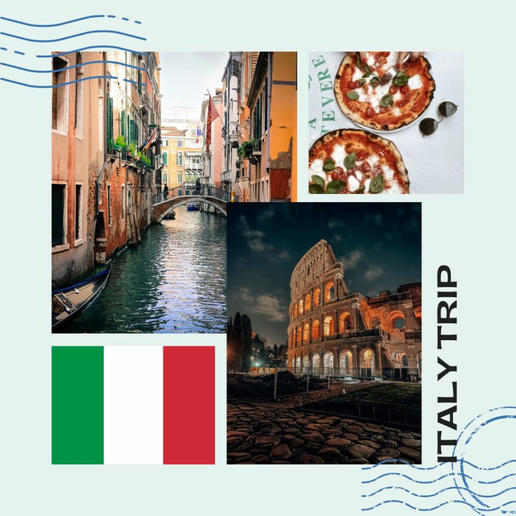 Auf dem Bild sind vier Fotos als Collage abgebildet: die italienische Flagge, ein Kanal in Venedig, italienische Pizza  und das Kolosseum in Rom. Die Collage ist wie eine Postkarte mit Poststempel gestaltet und ist mit der Schrift "Italy Trip" beschriftet.
