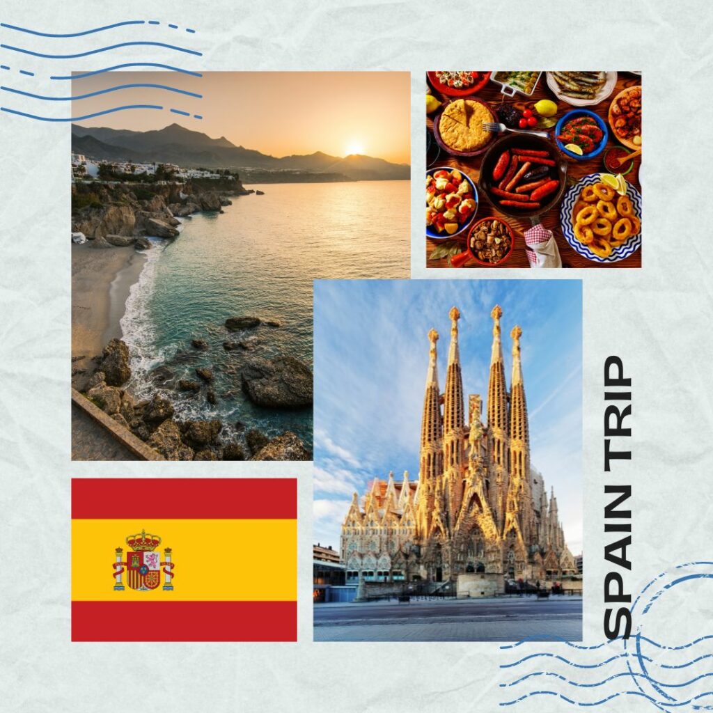 Auf dem Bild sind vier Fotos als Collage abgebildet: die spanische Flagge, eine Küstenlandschaft mit Sonnenuntergang, spanisches Essen und die Kathedrale Sagrada Família in Barcelona. Die Collage ist wie eine Postkarte mit Poststempel gestaltet und ist mit der Schrift "Spain Trip" beschriftet.