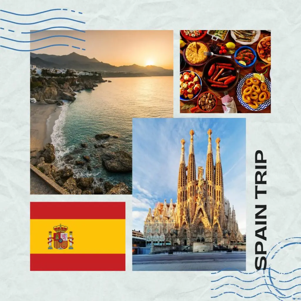 Auf dem Bild sind vier Fotos als Collage abgebildet: die spanische Flagge, eine Küstenlandschaft mit Sonnenuntergang, spanisches Essen und die Kathedrale Sagrada Família in Barcelona. Die Collage ist wie eine Postkarte mit Poststempel gestaltet und ist mit der Schrift "Spain Trip" beschriftet.