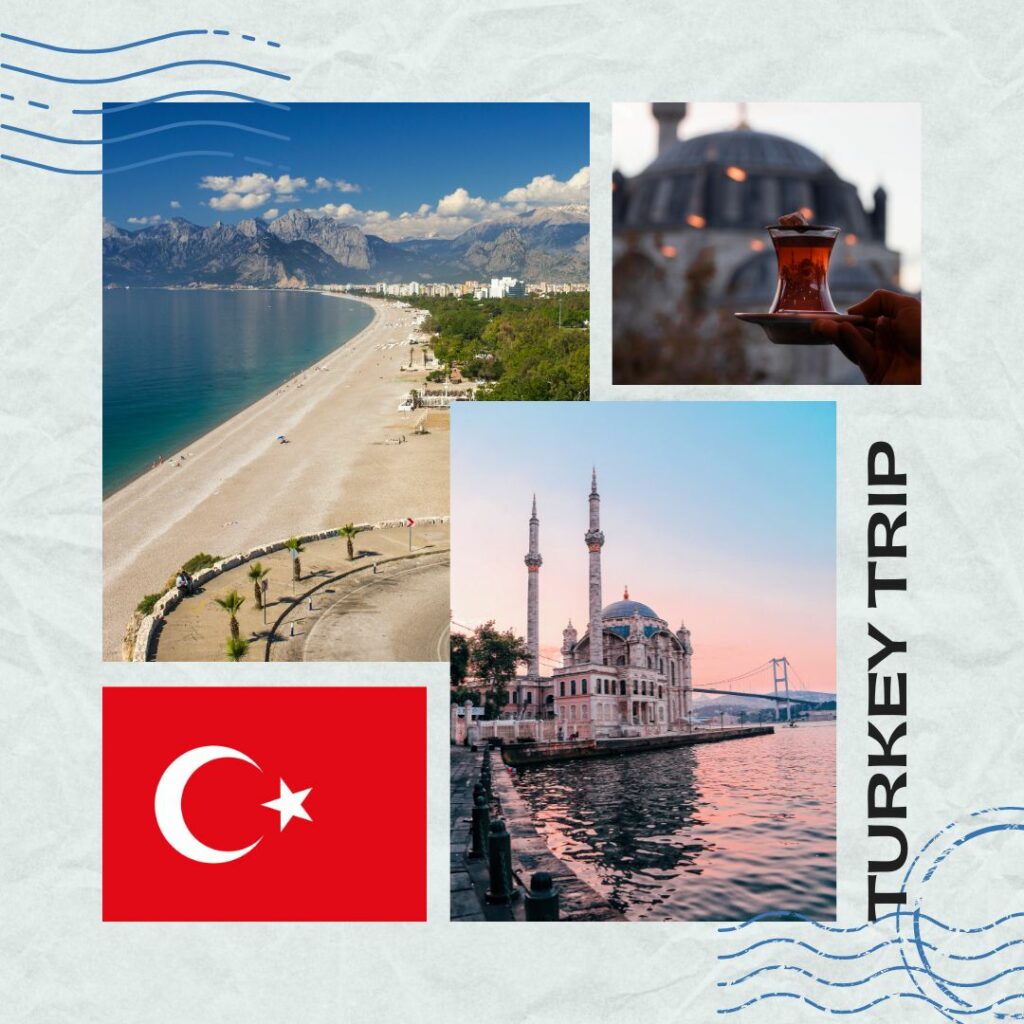 Auf dem Bild sind vier Fotos als Collage abgebildet: die türkische Flagge, ein Sandstrand, türkischer Tee und die Ortakoy-Moschee neben der Bosporus-Brücke. Die Collage ist wie eine Postkarte mit Poststempel gestaltet und ist mit der Schrift "Turkey Trip" beschriftet.