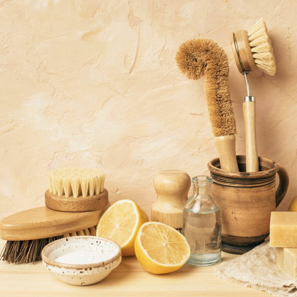 Verschiedene nachhaltige Produkte wie Bürsten aus Naturstoffen, Zitrone und Natron zum Putzen und feste Seife.