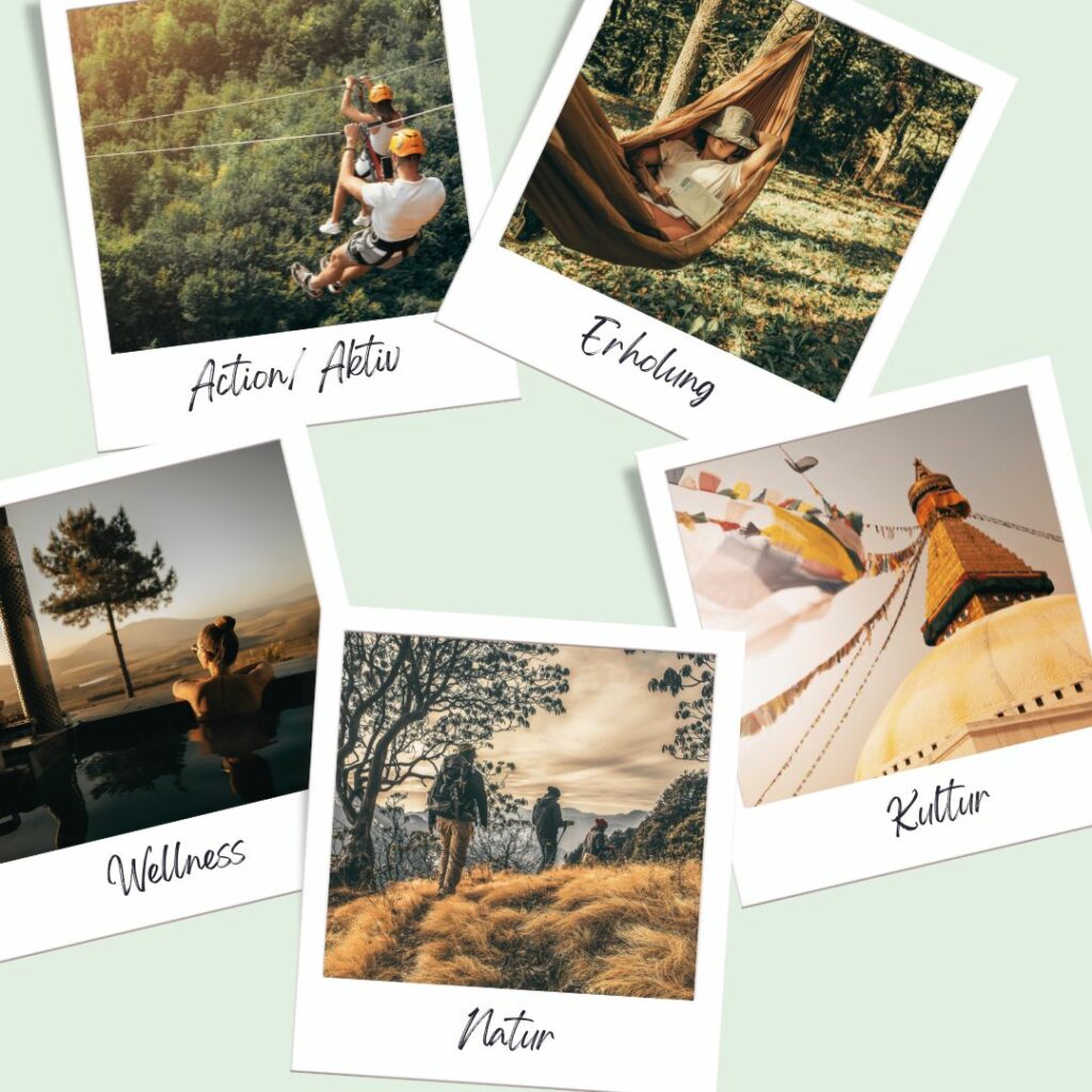 Fünf Fotos mit verschiedenen Arten einen Urlaub zu erleben. Action- oder Aktivurlaub, Erholung, Wellness, Kultur und Natur.