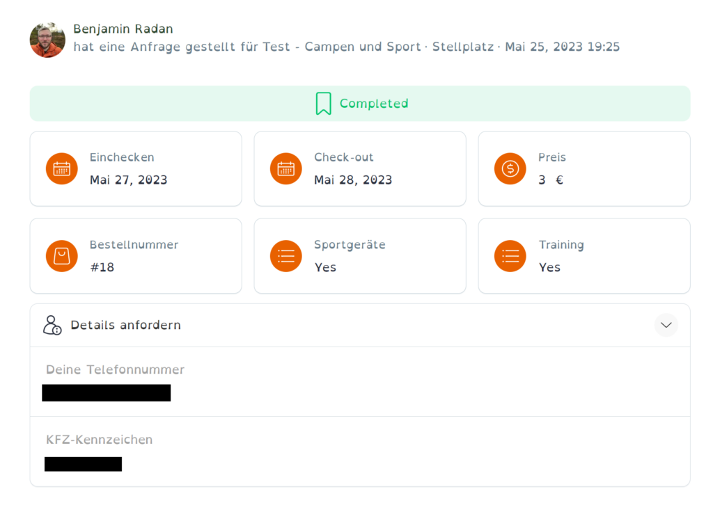 Eine Übersicht über eine Buchung mit den Informationen über Einchecken, Auschecken, Preis, Zusatzbuchungen und weiteren Details. 