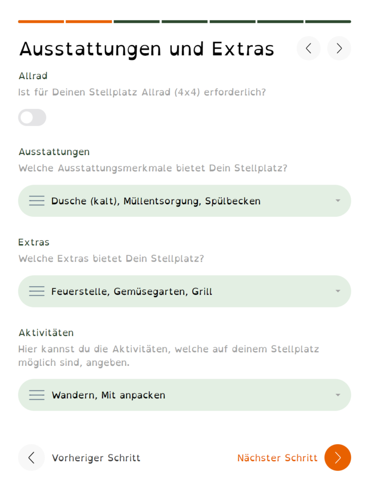 Bei der Erstellung eines Stellplatzes können Ausstattung und Extras hinzugefügt werden.