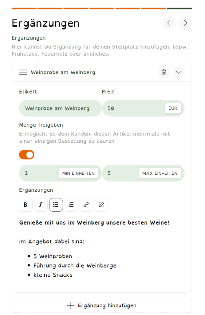 Bei der Erstellung eines Stellplatzes können Ergänzungen hinzugefügt werden, die ein Gast zusätzlich Buchen kann. 
