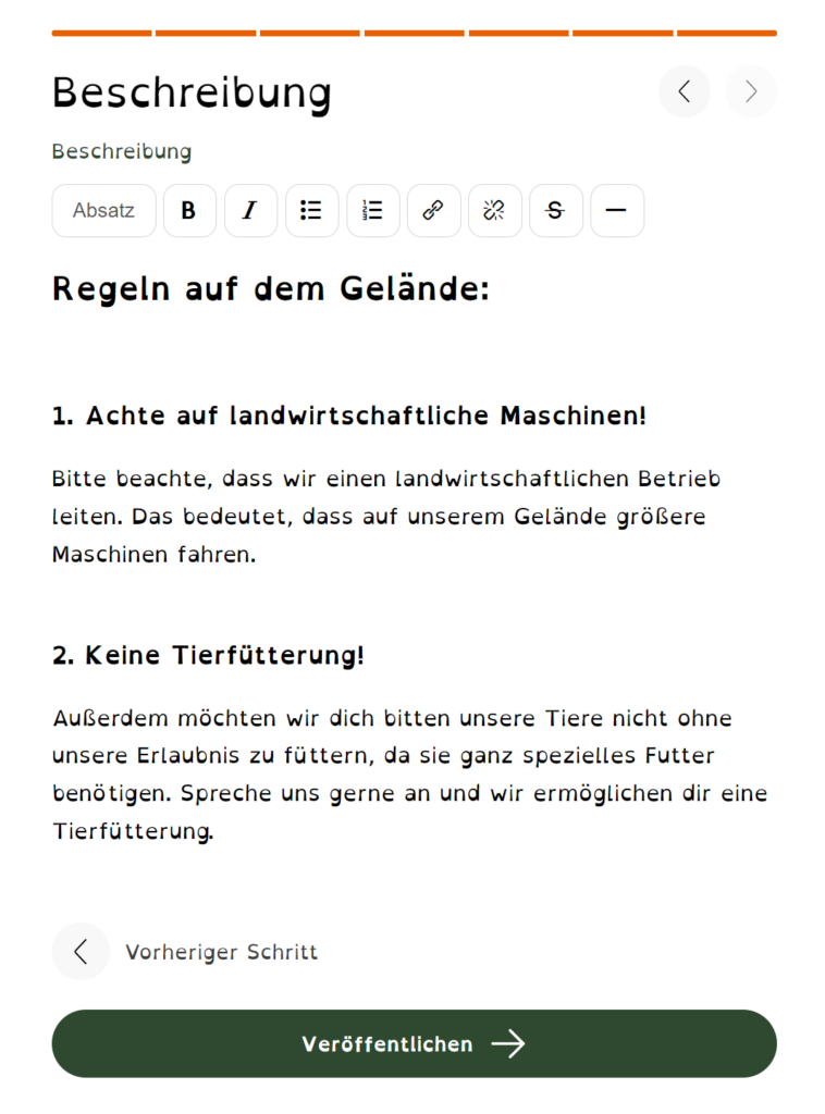 Bei der Erstellung eines Stellplatzes können in einer Beschreibung Regeln festgelegt werden.