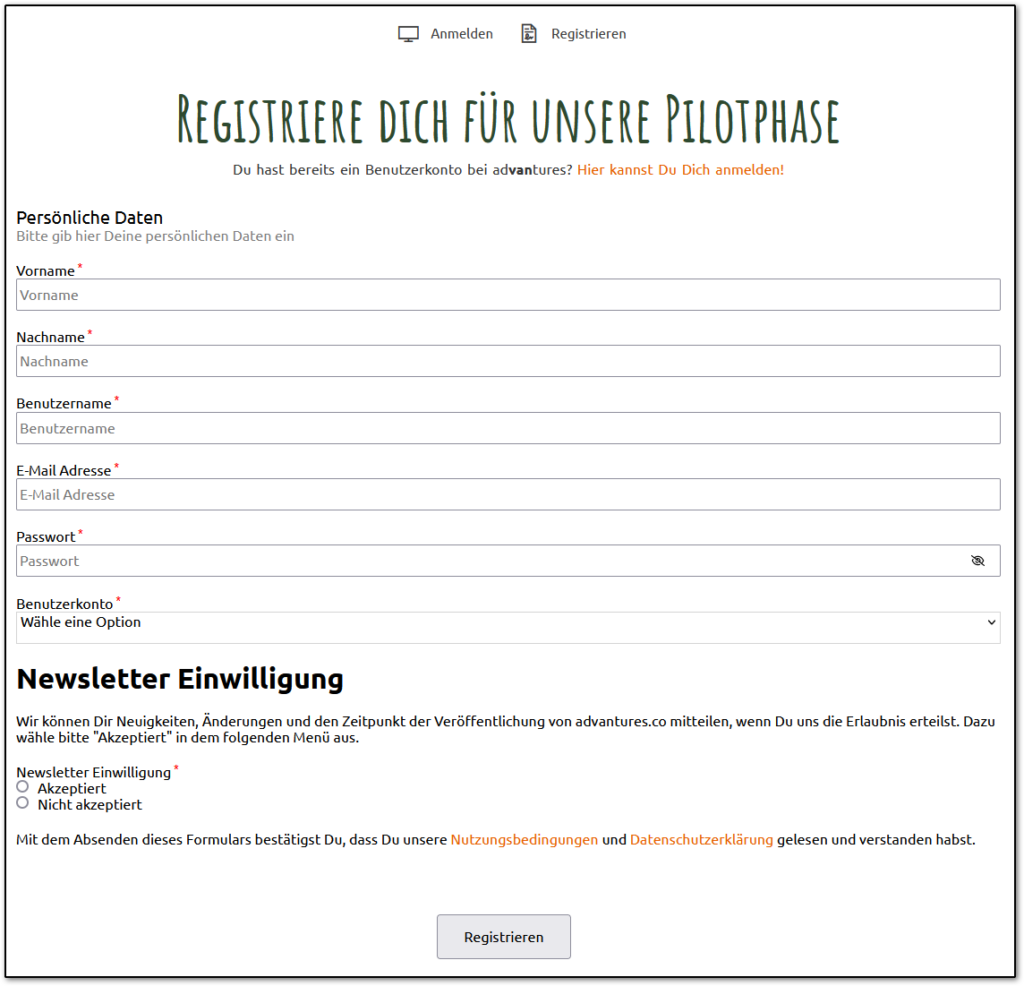Dies ist ein Screenshot des Registrierungsformulars.